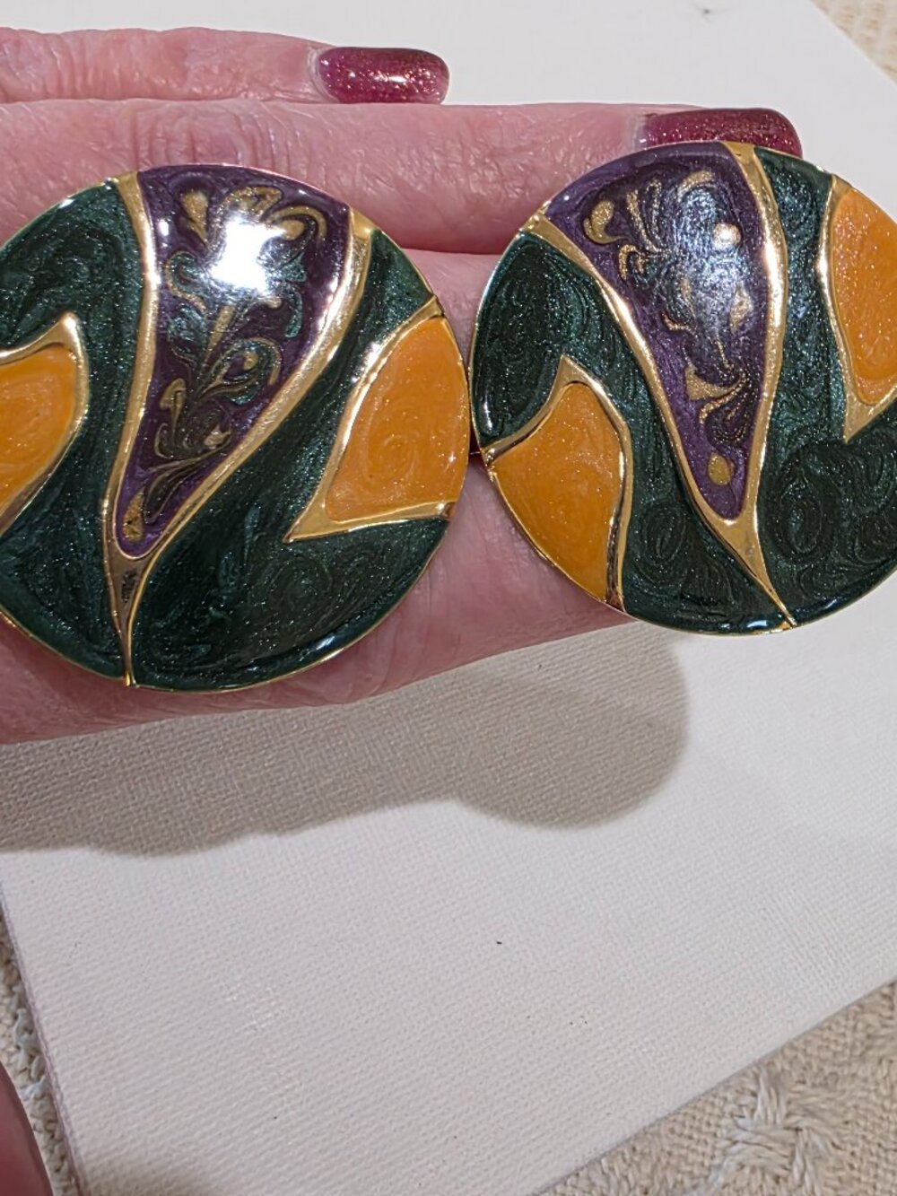 Vintage Boho Chic Tribal Metal Round Enamel Green Purple Yellow Gold Earrings